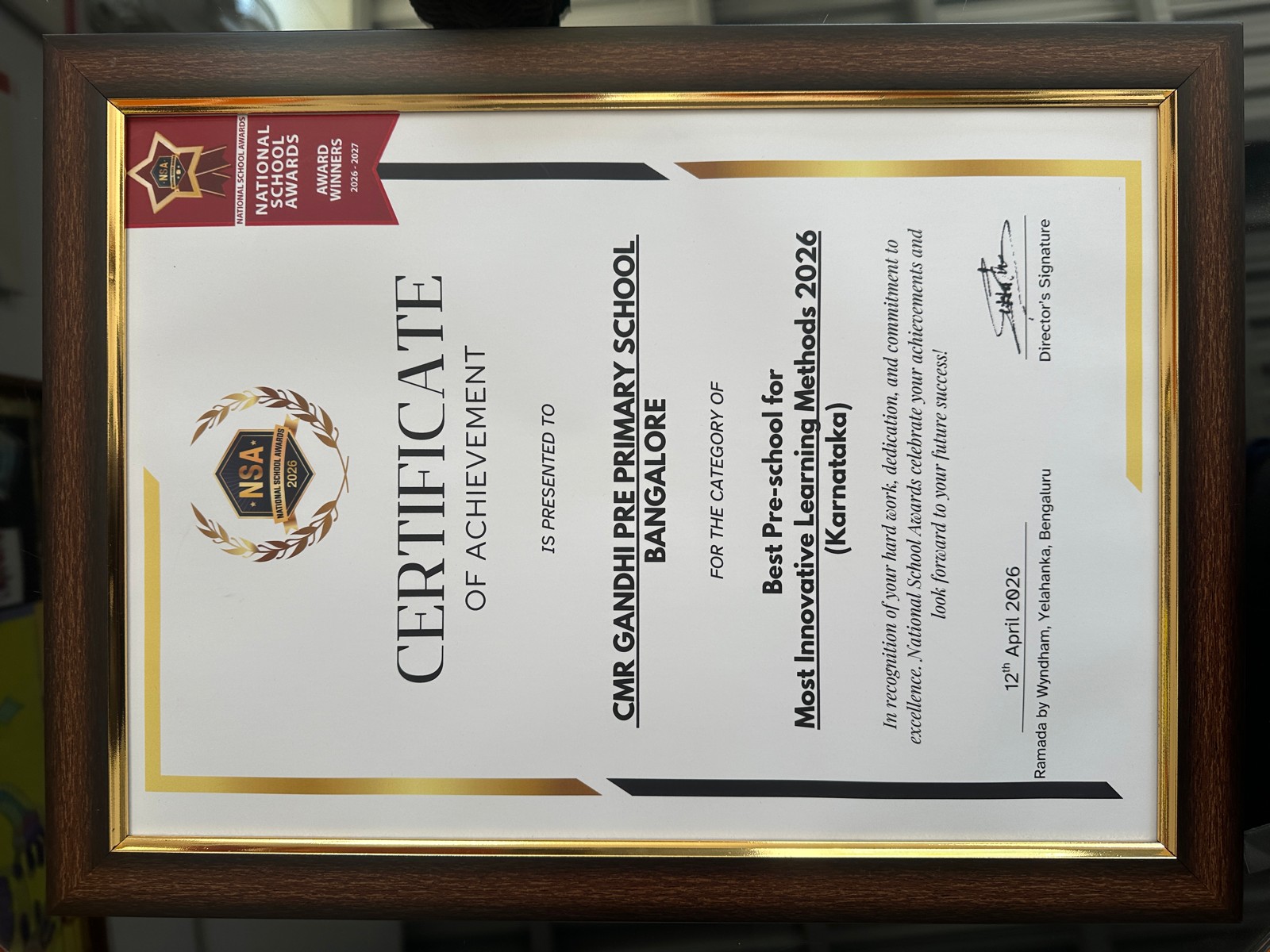 Certificate of Achievement – Best Pre-School for Most Innovative Learning Methods 2026 – Karnataka